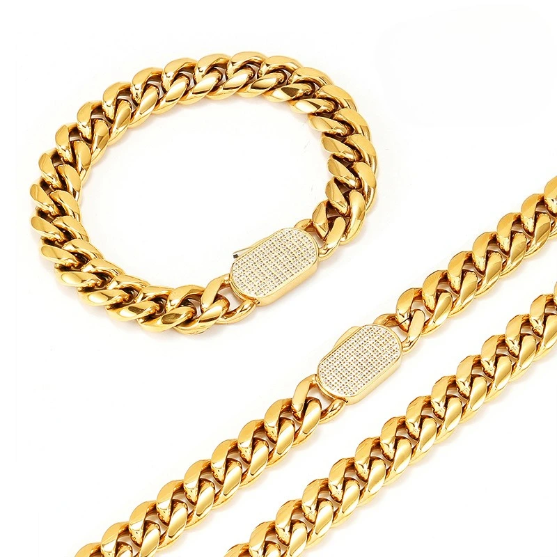 

2025 New Arrival 8/12mm Stainless Steel Miami Curb Cuban Chain Crystal Bracelet Casting Lock Clasp Mens Link jewelry