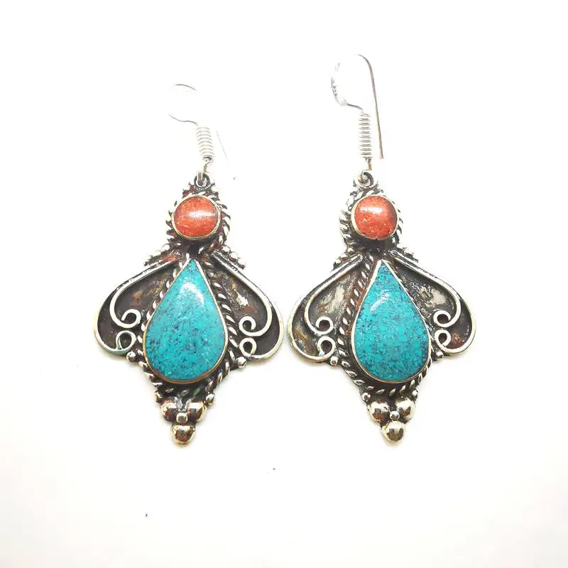E007 Indian Vintage Hand Earring Pair Lovely for Girls Many Designs Copper Inlay Colorful Stone