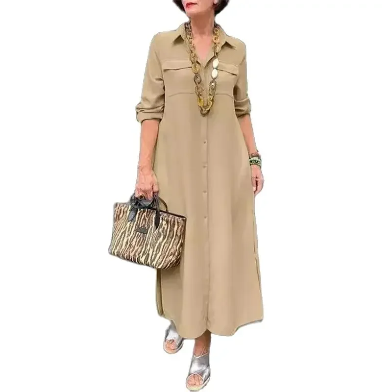 Women Spring Autumn Long Sleeve Lapel Single-breasted Cardigan Dress Double Pocket Splicing Dresses Elegant Female Commuter Gown