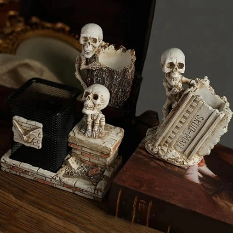 استمتع بفرشاة الماكياج الجديدة حامل الهالوين الهيكل العظمي الراتنج تمثال قلم رصاص الحاويات حامل سطح المكتب القرطاسية المنظمون للأقلام