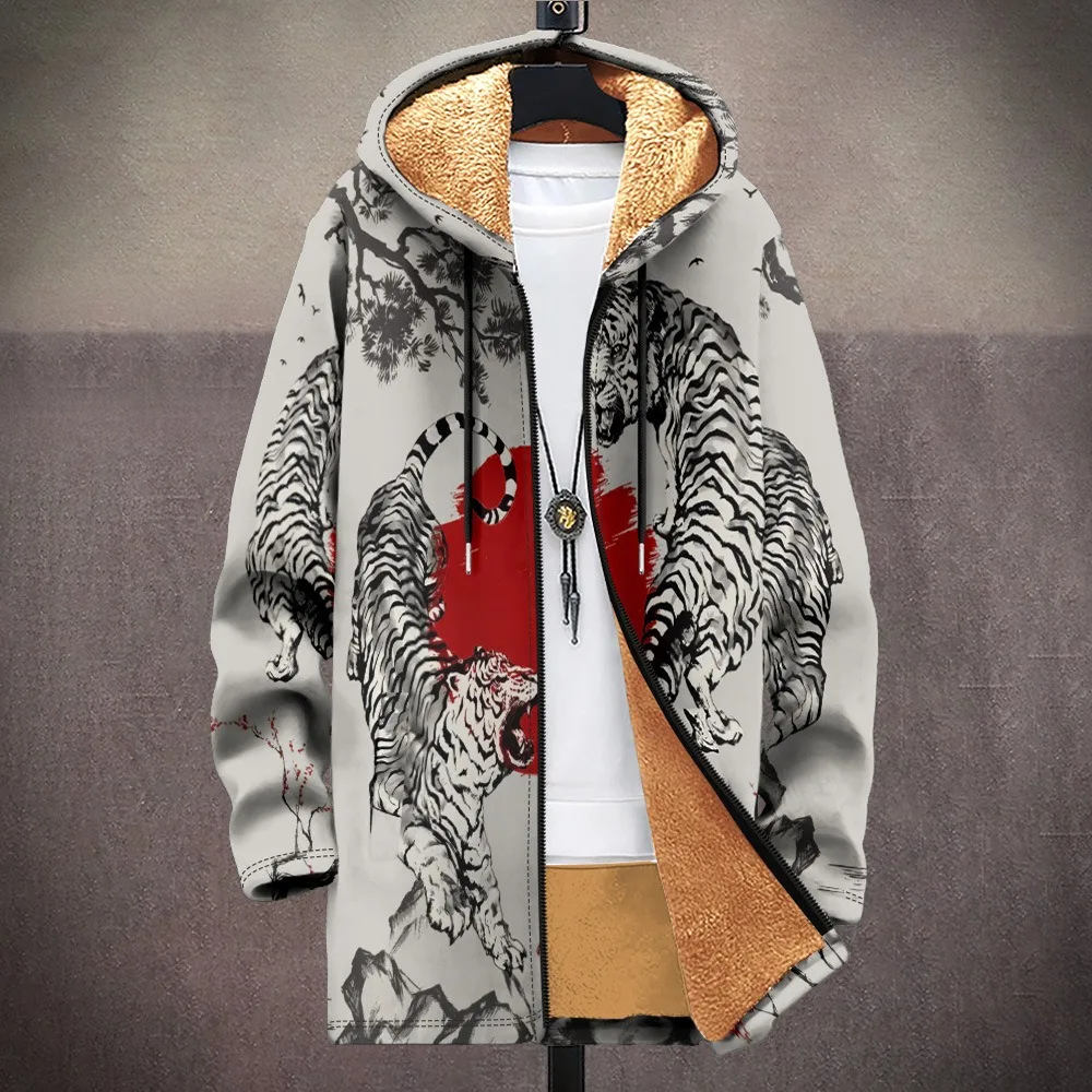 3D Men Cardigans Coats Tiger Loong Printed Plush Thick Winter Abstract Art Graphics Jackets Casual Streetwear Unisex Clothing