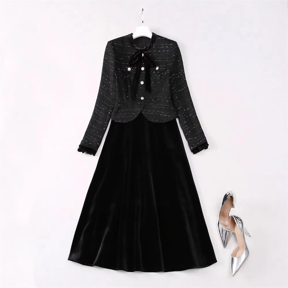 2024 Runway Autumn Winter Tweed Patchwork Velvet Midi Dress Elegant Women Long Sleeve Bowknot Fake Two Piece Party Midi Vestidos