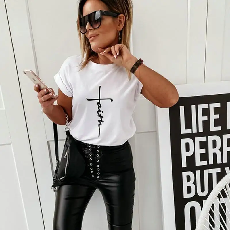 Damen-T-Shirt mit Buchstaben-Aufdruck, ort Sve, Baumwolle, schmale Passform, bedrucktes Muster, Sommer-Casual-Top für Damen