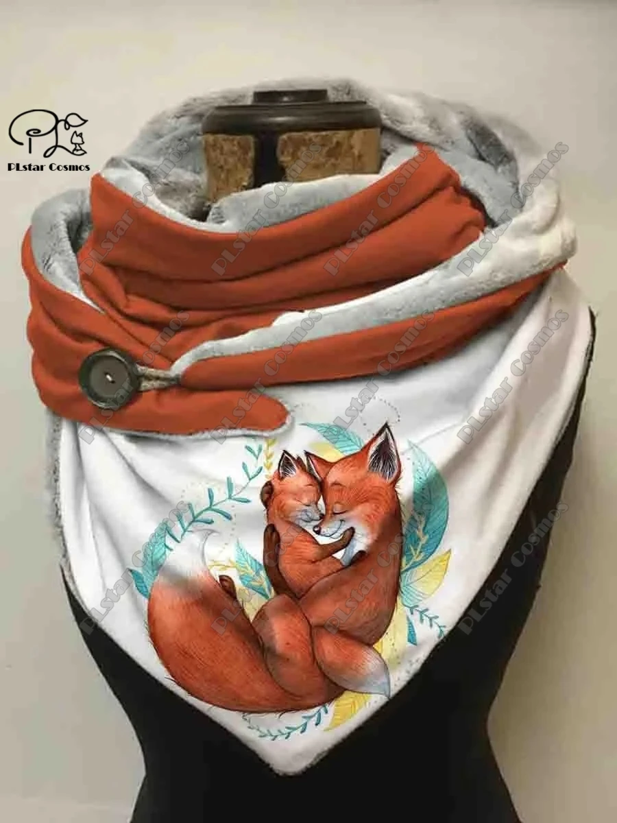 3D printing animal series cute fox fallen leaves snowflake pattern women\'s warm shawl spring and winter small triangle scarf H-4