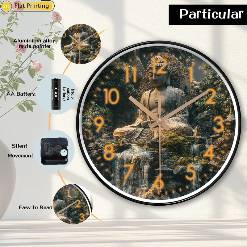 1 قطعة تمثال بوذا محاط بالشلالات البلاستيكية الصامتة ساعة الحائط ديكور المنزل الأنيق اختيار رائع لهدايا السنة الجديدة