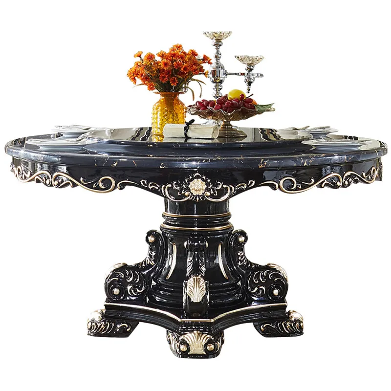 All solid wood ebony dining table Family hotel large round table with turntable