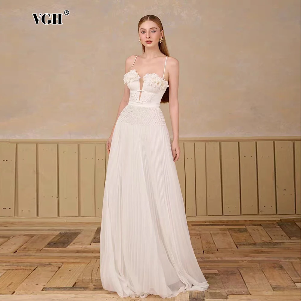 VGH Elegant Hollow Out Evening Dresses for Women Strapless Sleeveless Backless High Waist Spliced Flowers Long Dress Female New