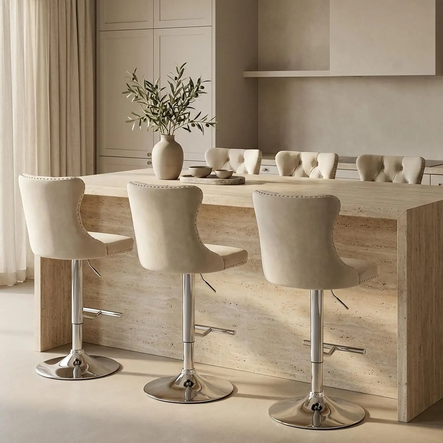 Velvet Bar Stools 6 Beige Swivel Adjustable Counter Height Back Tufted Kitchen Island Nailhead Silver Base, Customized
