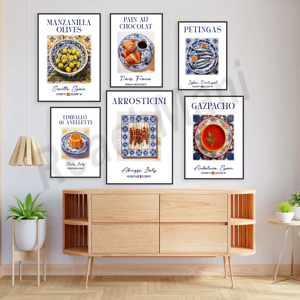 Tortillas, lasagna, fried rice balls, egg tarts, gnocchi, blue Azulejo tile print, Italy, cafe, traditional spanish food poster