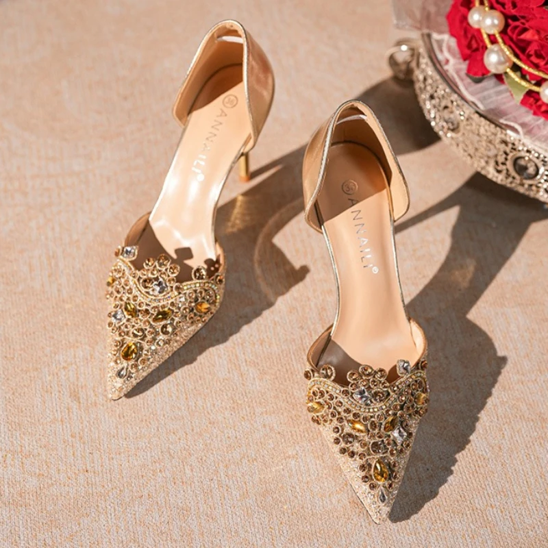 الفاخرة حجر الراين الديكور تصميم مضخات النساء أزياء أشار تو كعب رقيقة مأدبة اللباس أحذية أنيقة الزفاف أحذية الزفاف #6