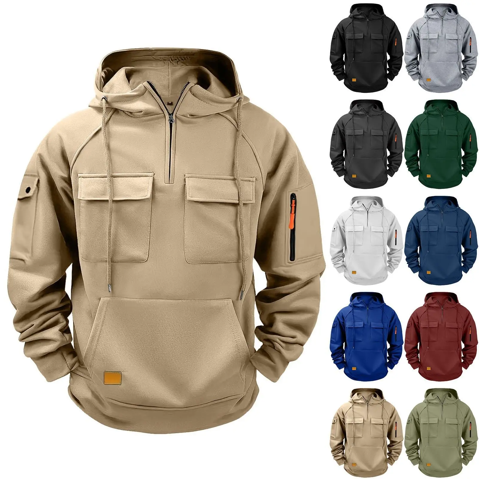 Men Half Zip Hoodie Multi Pockets Cargo Hoodies Long Sleeve Drawstring Hooded Sweatshirt Casual Loose Fit Pullover For Men