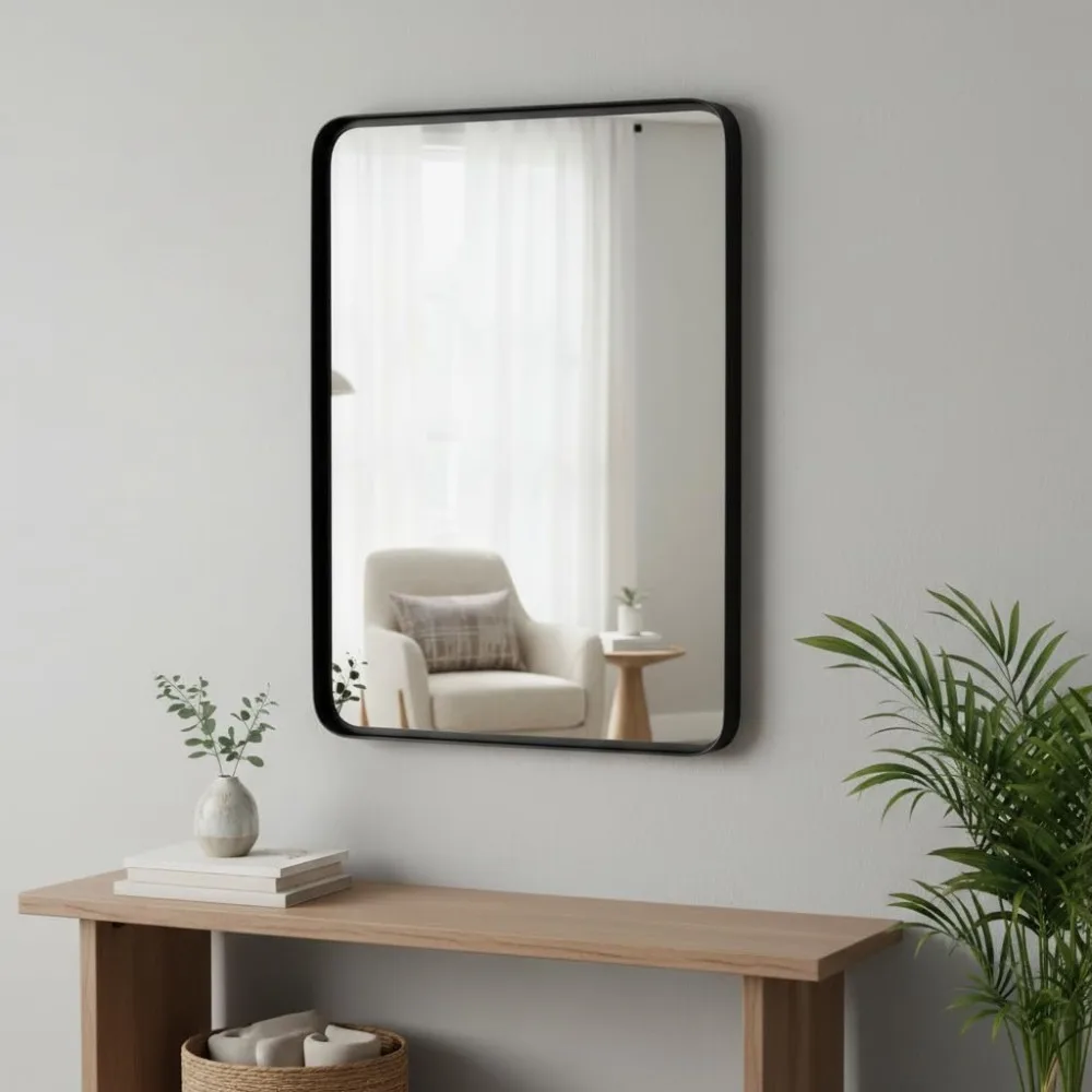 

30 x 22 Inch Bathroom Mirror for Wall, Rectangle Modern Mirror with Solid Steel Frame & Rounded Corners, Decorative Vanity