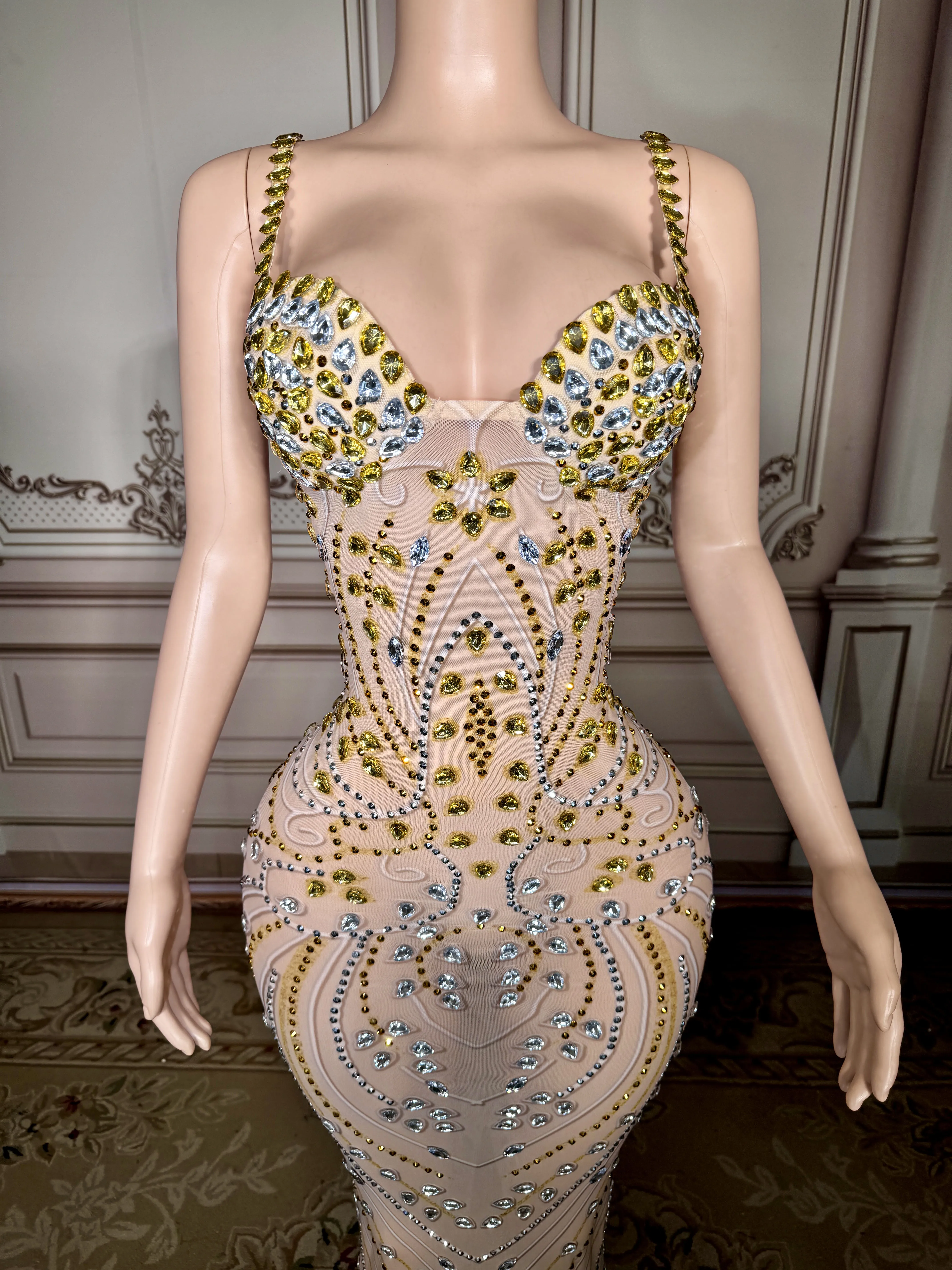 ZD Strass Langes einteiliges Maxikleid Glamour Sheer Pailletten Partykleider Prominente Outfits Clubwear