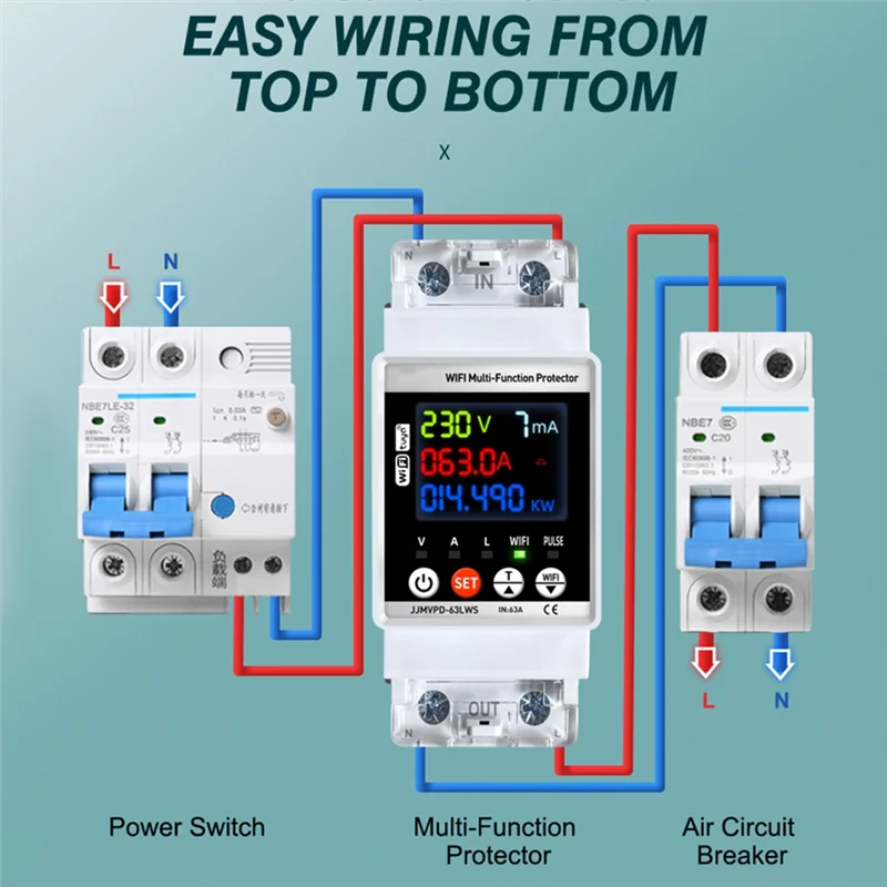 

A68Z Wifi Smart Power Meter 63A Digital KWH Leakage Current Voltage Monitor Controller Automatic Reclosing Protector