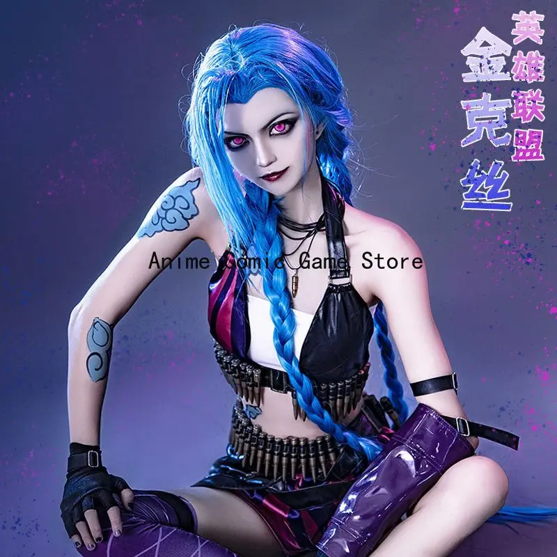 

In Stock S-XL Jinx Cosplay Costume Wig Tattoo Sticker Full Sets Anime Game League of Legends Halloween Party Outfits for Girls