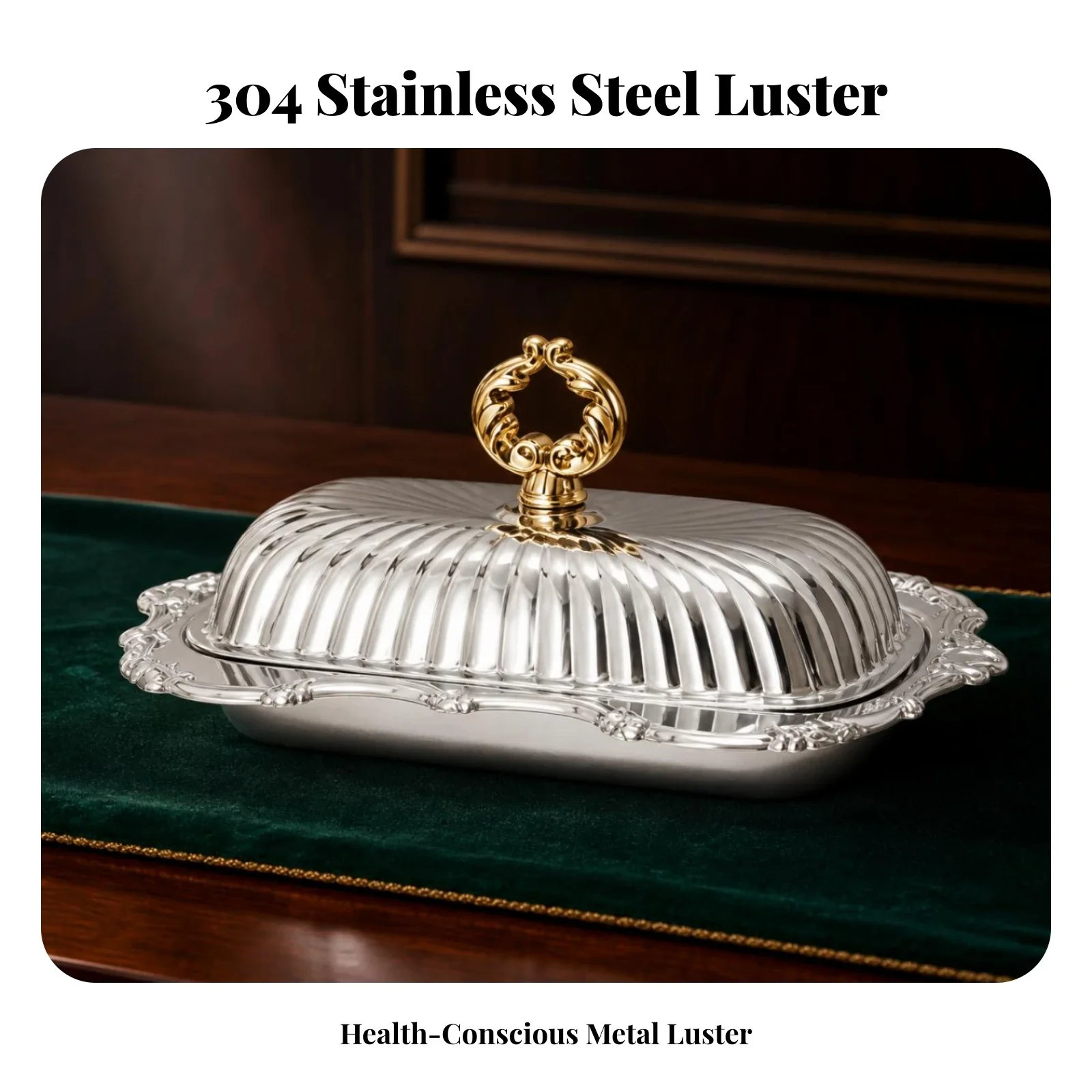 Vintage Butter Dish Scalloped Edge European-Style Butter Dish Food Storage Gold-Toned Loop Handle Handle