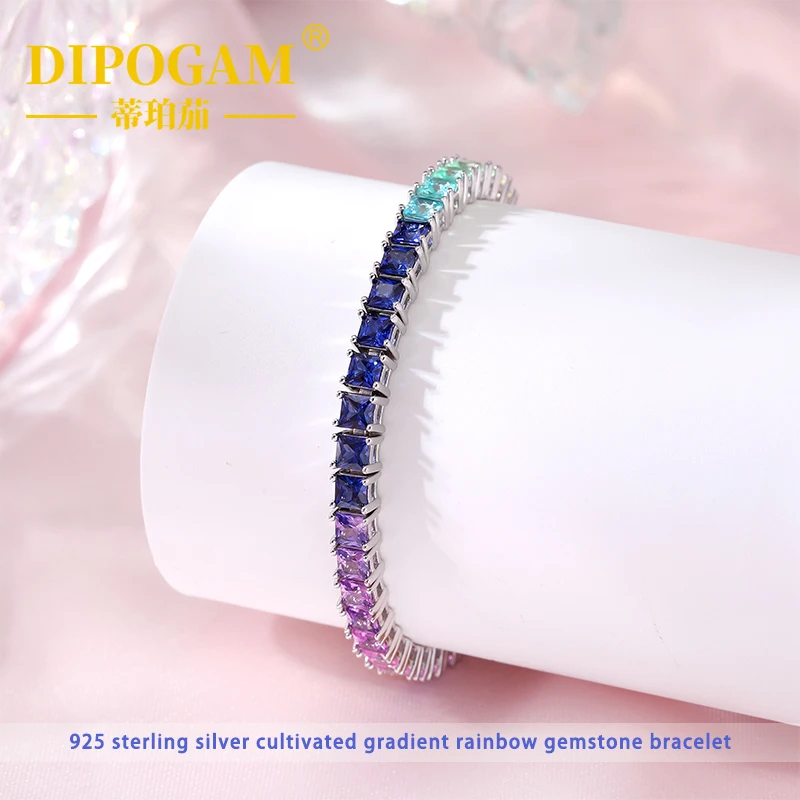 

DIPOGAM925 sterling silver princess square cultivation color treasure gradient rainbow tennis bracelet luxurious fashion jewelry