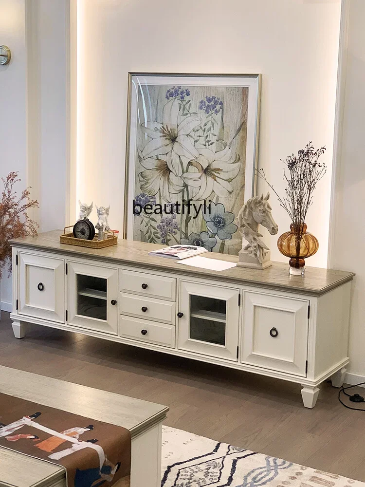 American TV cabinet pure solid wood cream white high audio-visual cabinet Mediterranean floor cabinet living room