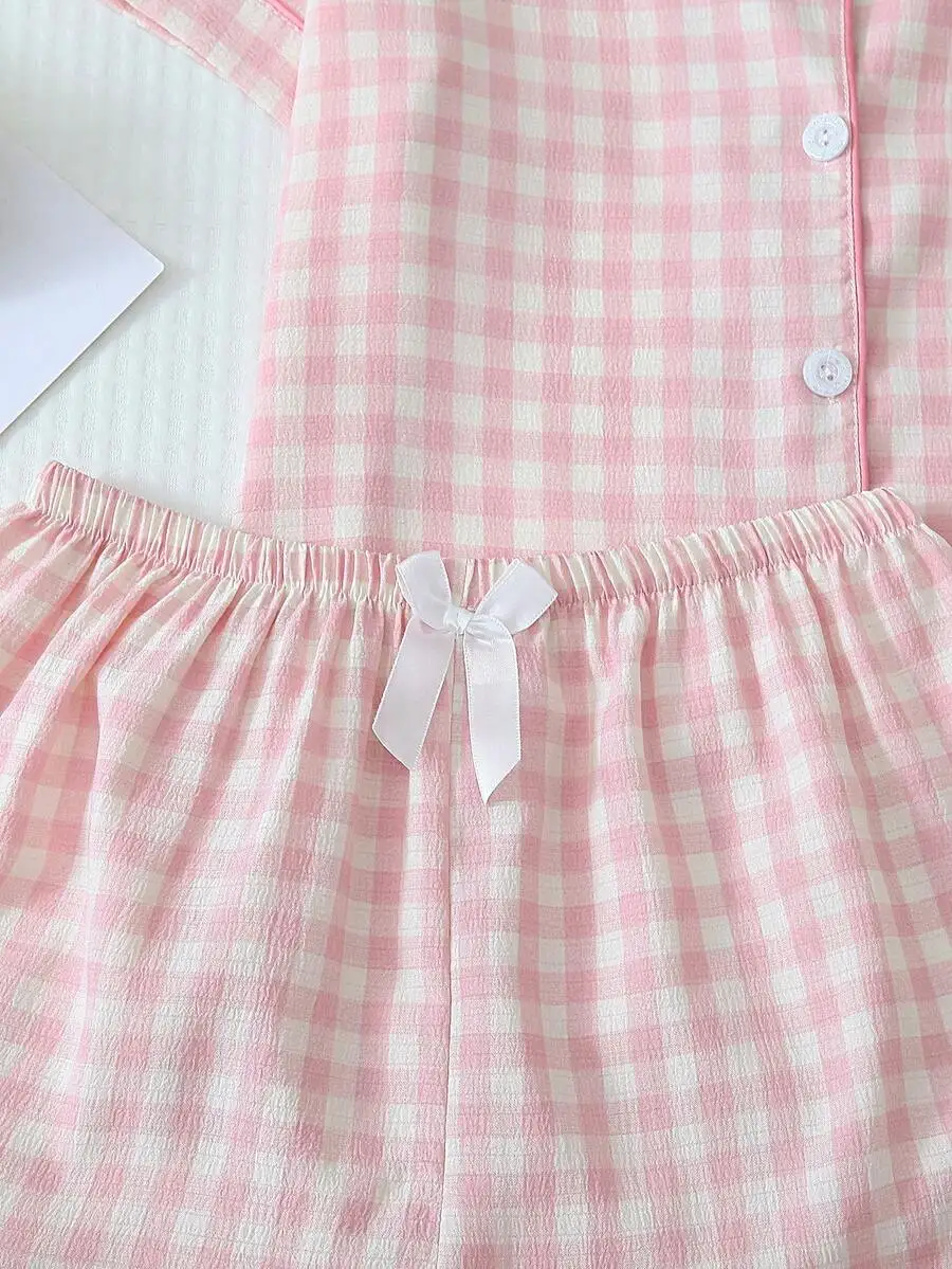 

Womens Plaid Short Sleeve Button Down Pajama Set With Shorts Summer Loungewear