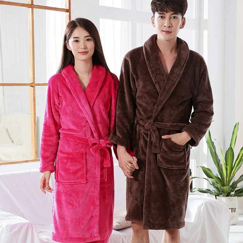 

Casual Robe Men Couple Sleepwear Bathrobe Fleece Winter Night Wears Belt Warm Pajama One Piece Nightgown Solid Pocket Homewear