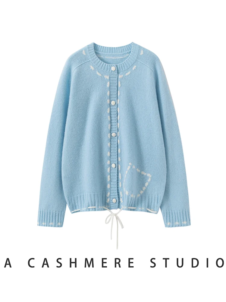 CHICUU Women's 100% Cashmere Sweater O-neck Cardigan Luxury Design Line Jacquard Cashmere Coat Autumn Winter Cashmere Knitwear