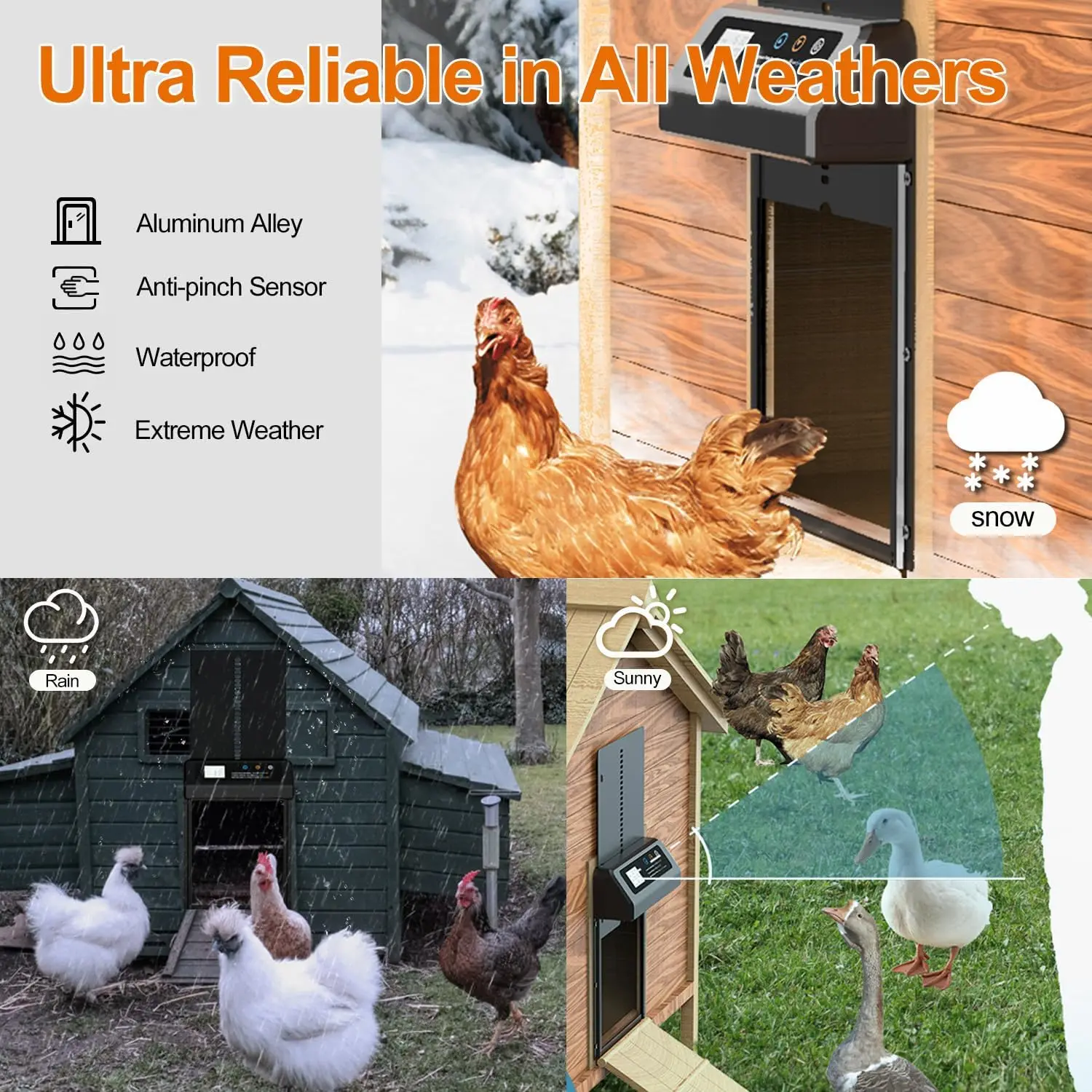 自動鶏小屋ドア、タイマー付き自動鶏ドア、挟み込み防止＆光センサー鶏ガード、バッテリー自動ドア