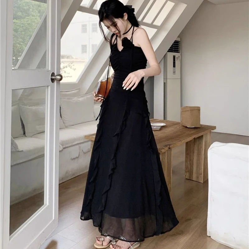 Y2K Spitze Patchwork Camis Kleid Frauen Backless Aushöhlen Plissee Chic EINE Linie Lange Kleid Sexy Unregelmäßigen V-ausschnitt Party Vestidos