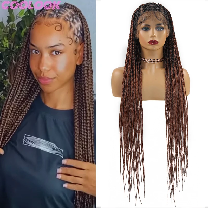 Brown Synthetic Box Braided Lace Front Wig 36'' Knotless Heat Resistant Full Lace Box Braid Wigs with Bang Crisscross Braids Wig