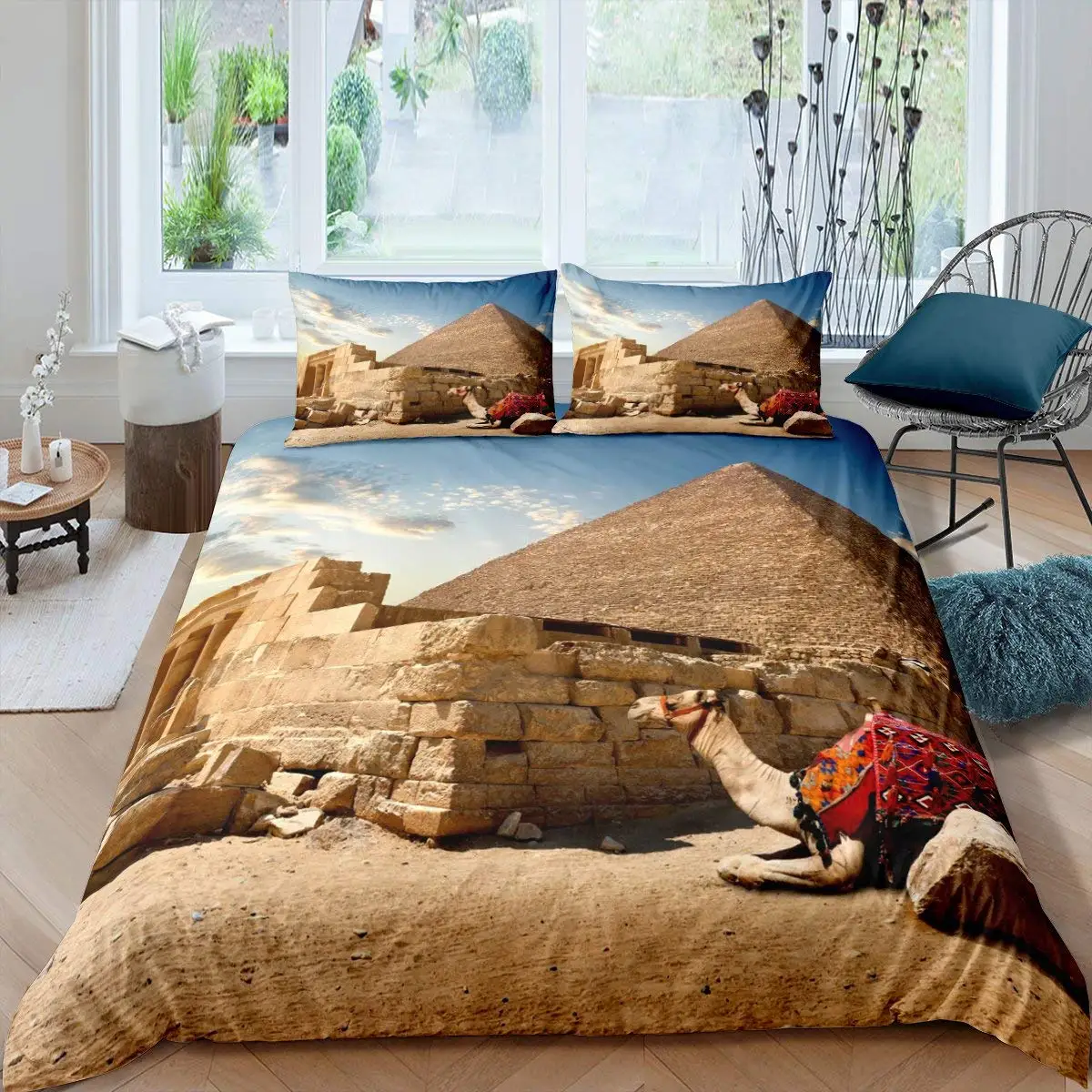 Egyptian Pyramids Duvet Cover King Ancient Egypt Tribal Bedding Set African Vintage Exotic Camel Desert Polyester Quilt Cover