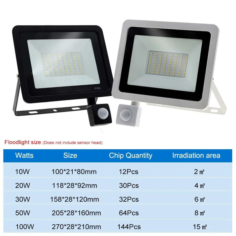 LED Floodlight PIR Motion Sensor 220V 10W 20W 30W 50W 100W 150W Reflector Flood Light Waterproof IP66 Outdoor Induction Lighting