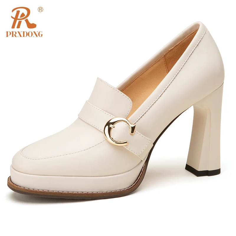 PRXDONG New Spring Autumn Women's Pumps Genuine Leather Chunky High Heels Platform Shoes Black Beige Dress Party Office Lady 39