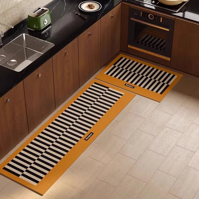 

Kitchen Carpet Striped Geometric Pattern Kitchen Floor Mat Non-slip Waterproof Oil-proof Kitchen Rugs PVC Leather Washable Rugs