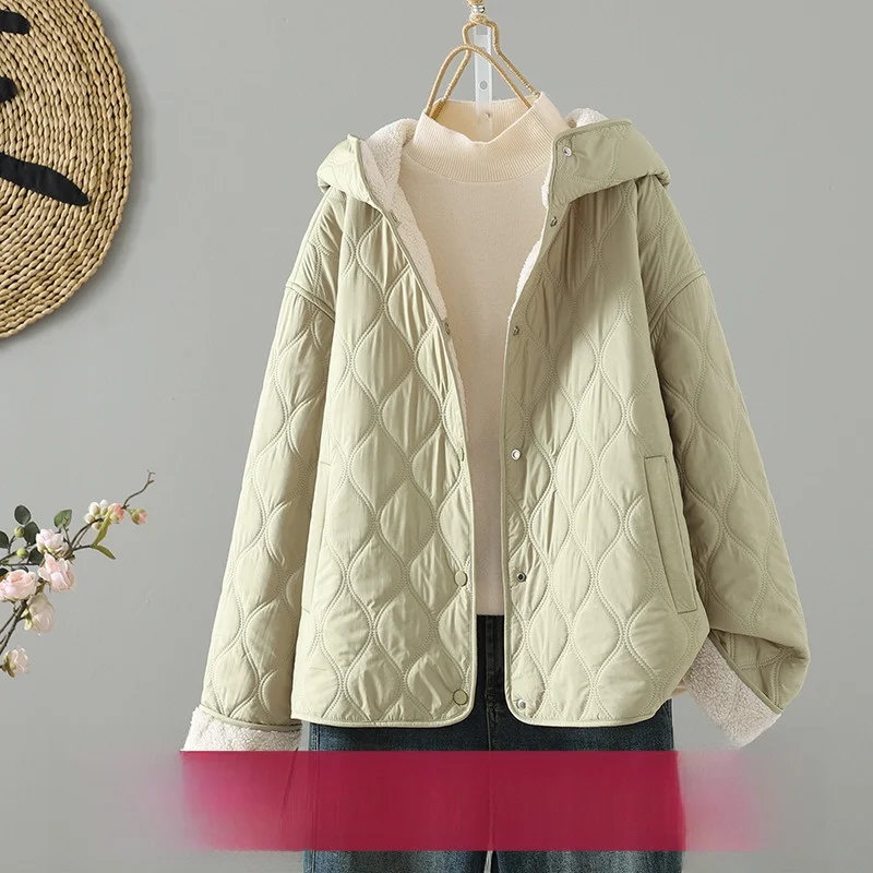 سترة قطنية قصيرة للنساء بغطاء للرأس، سميكة ودافئة، متعددة الاستخدامات، مبطنة بالصوف، ملابس خارجية شتوية بقصة مستقيمة وأكمام ط...