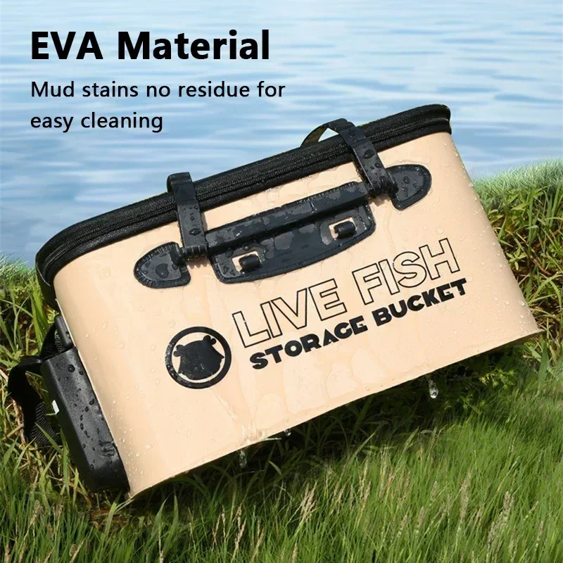 دلو صيد قابل للطي دلو السمك الحي مع غطاء شبكي 12-34L إيفا سطل المياه مع مقود لملحقات أدوات صيد الأسماك البرية