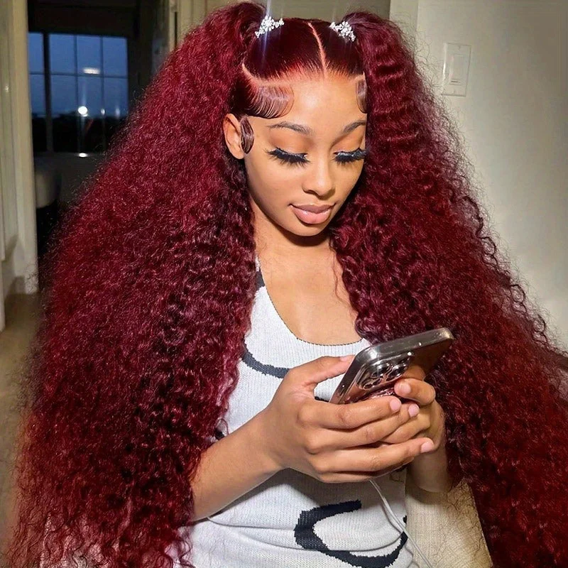 99J Burgundy Deep Wave 13x6 Hd ลูกไม้ด้านหน้าวิกผม Curly Human Hair Wigs ความหนาแน่น 200 สีแดง 13x4 ลูกไม้ด้านหน้าวิกผมมนุษย์