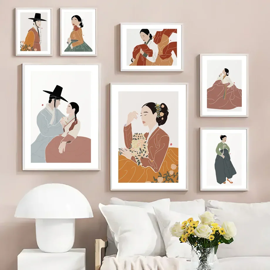 

Boho Modern Korean Asian Hanbok Dress Girl Wall Art Canvas Painting Nordic Posters And Print Wall Pictures For Living Room Decor