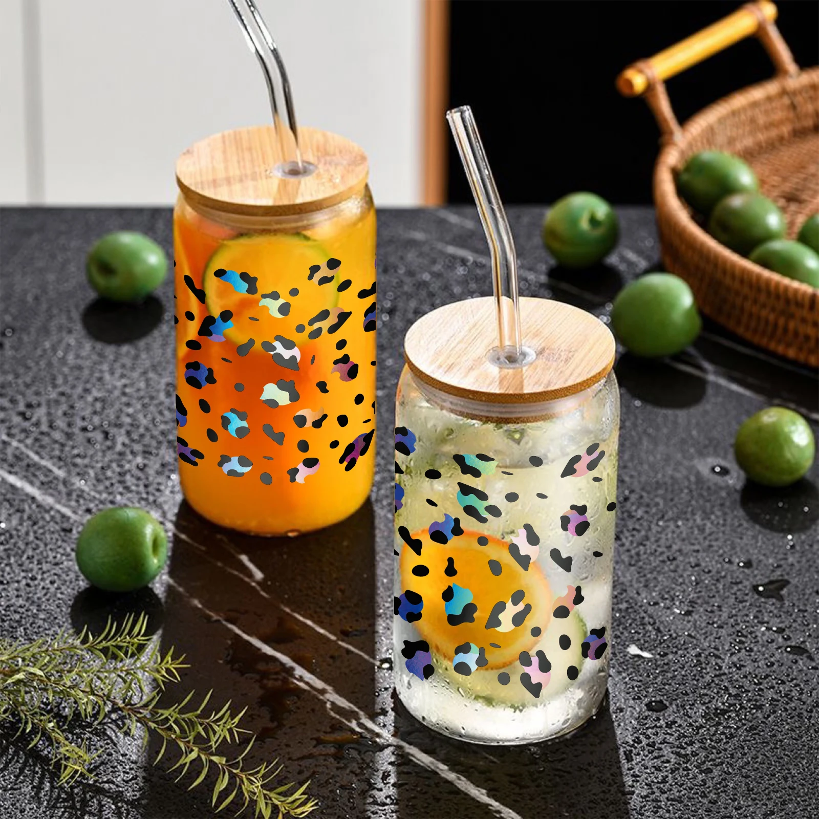 1pc Colorful Leopard Print Pattern 3d Printed 16oz Glass Cup With Lid&Straw Soda Can Coffee Cup Barware Iced Coffee Lover Gift