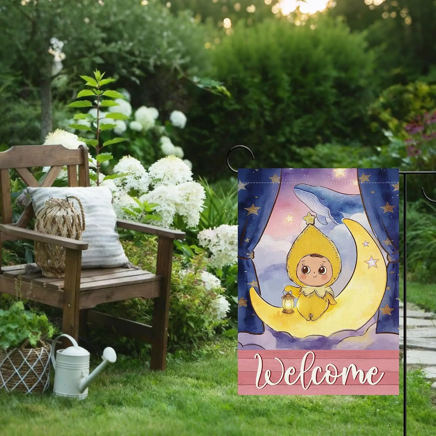 Cute Baby Welcome Decorative Garden Flag, Yellow Moon Stars Whale Kids Small Yard Lawn Outdoor Decor Gifts, Farmhouse Burlap MMZ