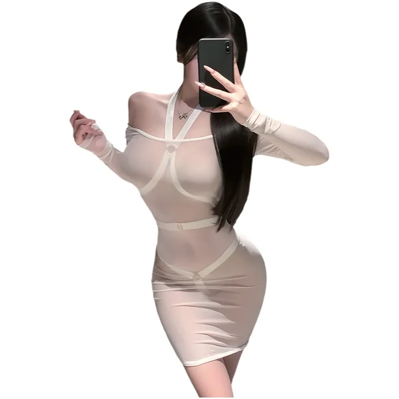

Sexy Sexy Rope Dress Strap Mesh Transparent Dress Butt-revealing Skirt Women's Uniform Pajama Set Solid Color Dress Elegant 49LG