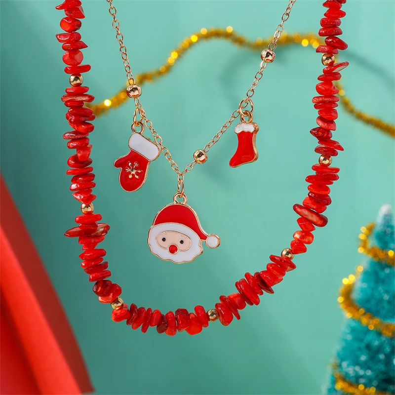 Modische handgefertigte Halskette mit Steinperlen für Frauen, Weihnachtsmann-Socken-Anhänger, Halsketten für Mädchen, Party-, Festival-Schmuckgeschenke – Detail 3