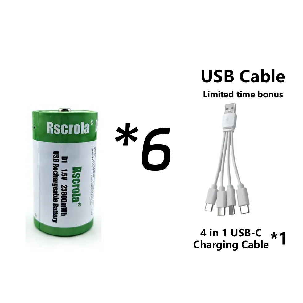 1.5V 23800mWh D-cel batterijen Oplaadbare D-batterijen met oplaadkabel voor gasfornuis, waterverwarmer, zaklamp, radio, gereedschap, speelgoed