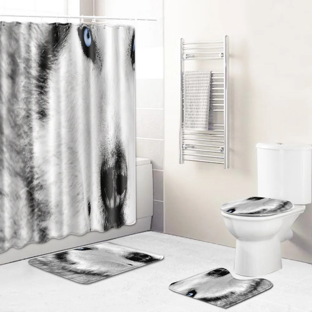 

Wolf Shower Curtain Floor Mat Combination Four-piece Set Bathroom Toilet Carpet Shower Room Door Mat Bathroom Rugs and Mat Set