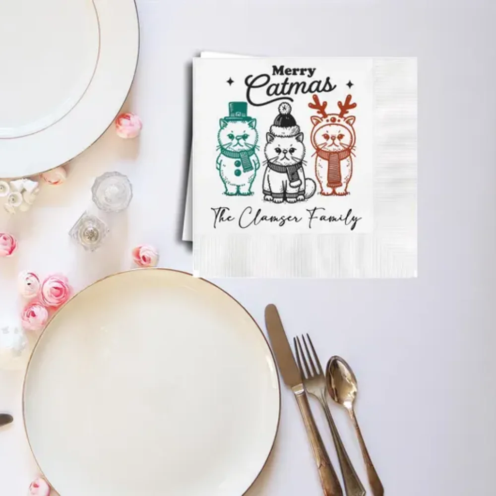 مخصص عيد ميلاد سعيد Catmas تحت عنوان 3 طبقات قسط مخصص كوكتيل المناديل قياس تخصيص الأسماء والتاريخ أو أي رسالة أخرى #4