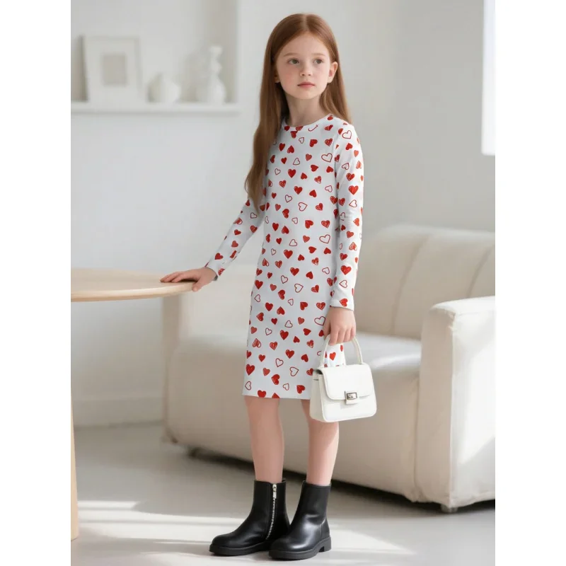 

Girls' Cute Casual Heart Print Long Sleeve Dress for Kids Valentine's Day Party Dress