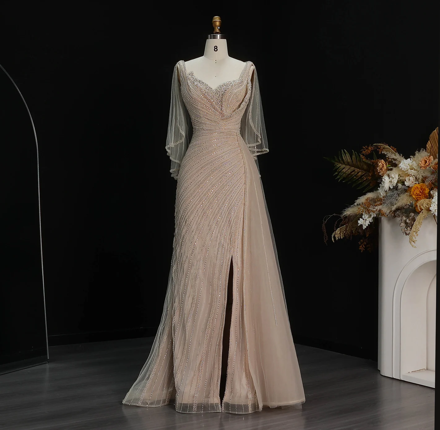 Sharon Said Luxuriöses Schwarzes Abendkleid, Lang, Perlenbesetzt, V-Ausschnitt, Cape-Ärmel, Elegante Ballkleider, Hochzeitsfeier, Damen, SS063, Maßanfertigung – Detail 21