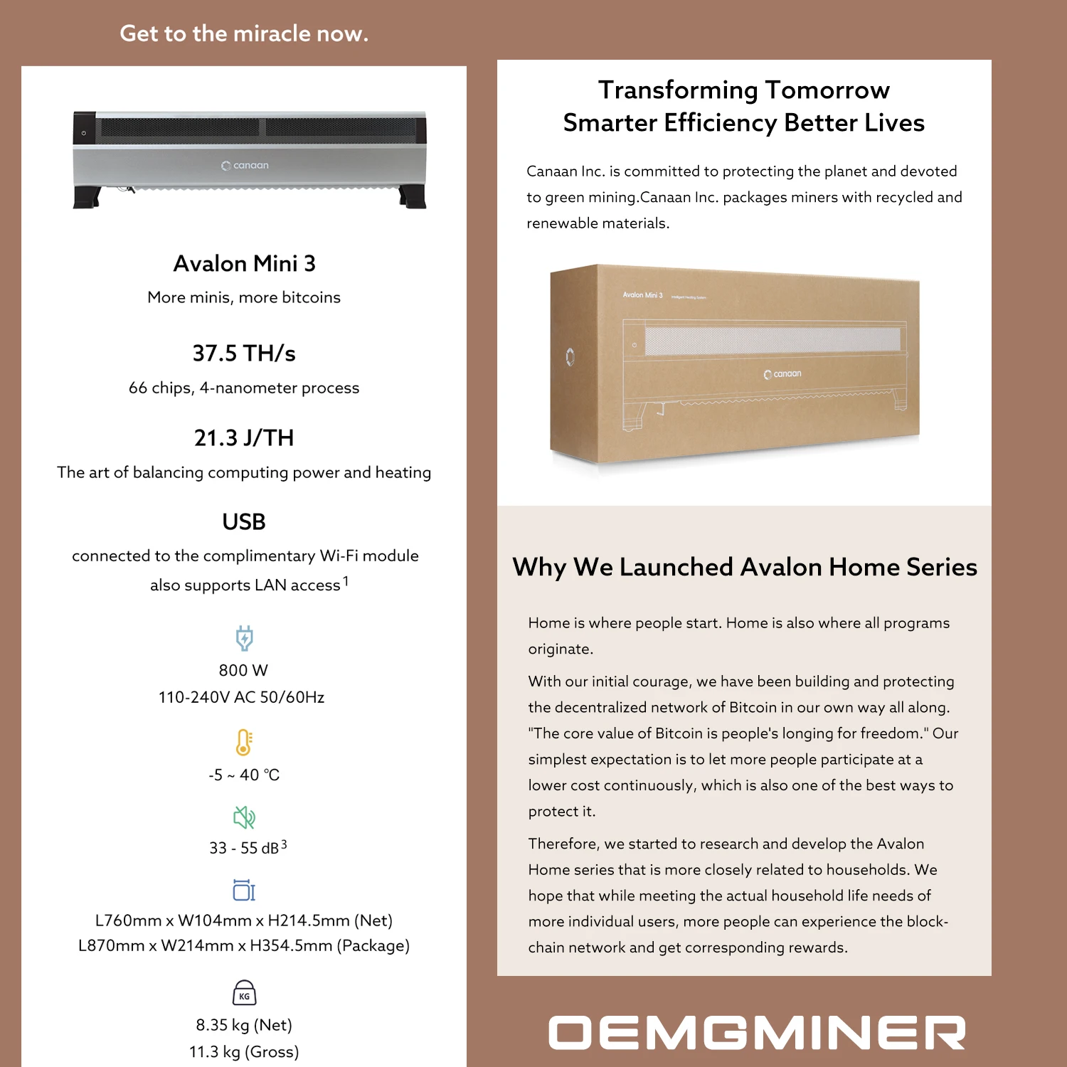 New Arrive Canaan Avalon Mini 3 37.5Th/s 800W BTC Miner Household Heater ASIC Bitcoin Miner Low Volume Home Use Shipping on Feb
