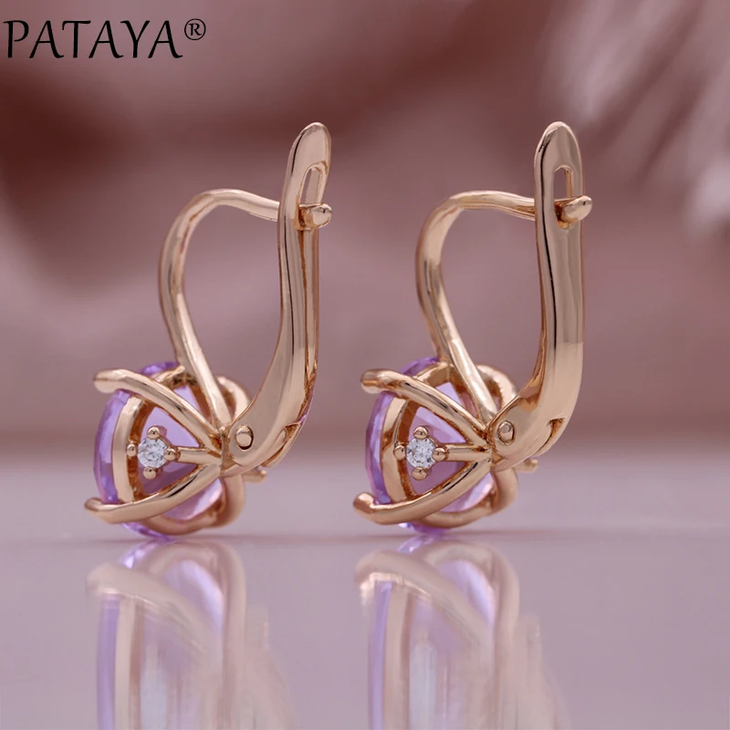 PATAYA 2023 New Purple Zircon Earrings Ring Set For Woman 585 Rose Gold Color Fashion Jewelry Party Wedding Sets Gifts