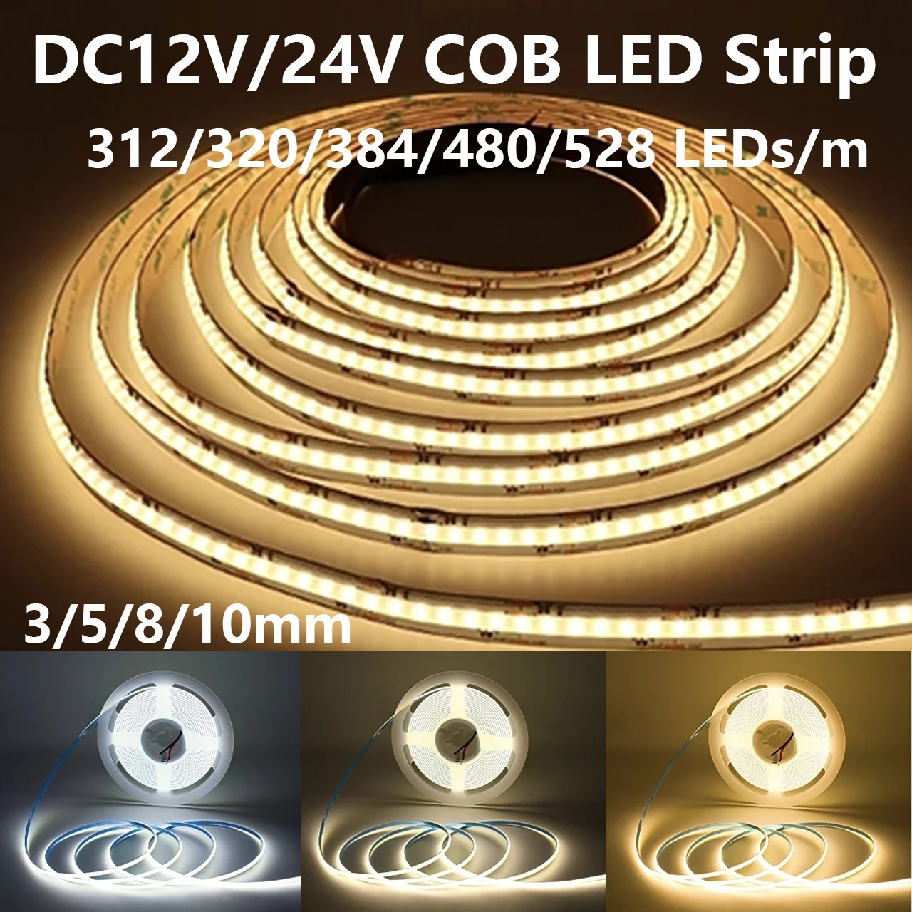 COB LED Strip Lights 320 480 528 LED 1m 5m Warm Nature White High Density Flexible Tape Ribbon RA90 12V 24V For Room Recoration