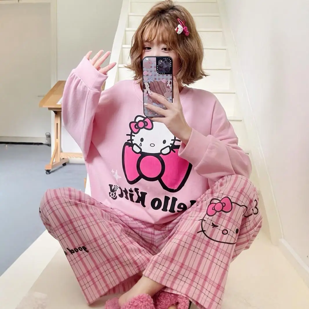 

Cute Sanrio Hello Kitty Anime Cotton Loungewear Kawaii Can Go Out Pajamas Cartoon Printing Long-sleeved Pants Suit Birthday Gift