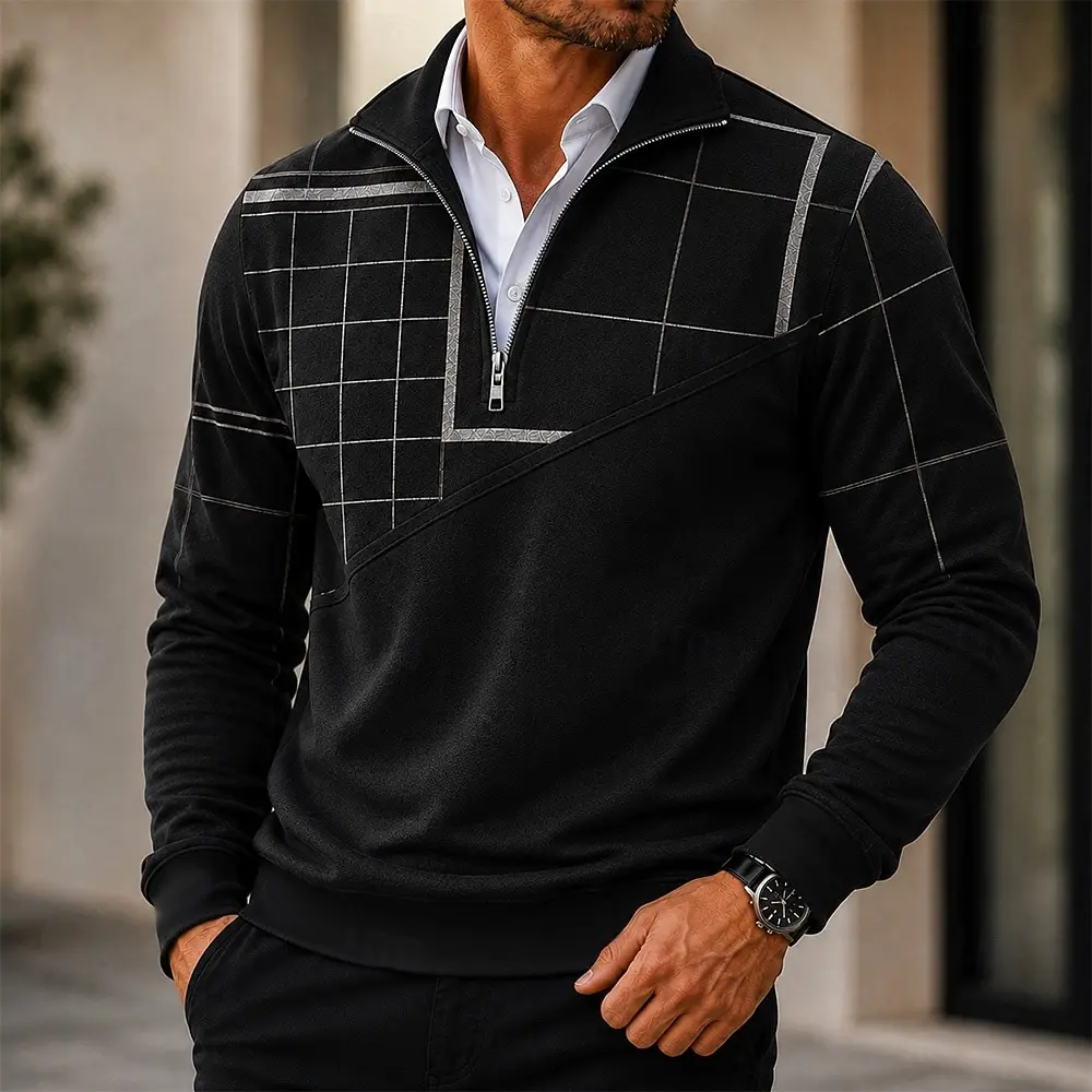 Men 1/4 Zip Pullover Sweatshirt Plaid Grid Splicing Print Casual Long Sleeve Tops